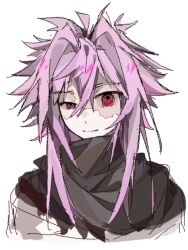 Rule 34 | 1boy, ai (7148339745), black shawl, chinese commentary, closed mouth, commentary request, grey shirt, hair between eyes, hair intakes, highres, looking at viewer, male focus, nijou ryuu, patchwork skin, pink hair, portrait, red eyes, saibou shinkyoku, shawl, shirt, short hair with long locks, simple background, sketch, smile, solo, uneven eyes, white background