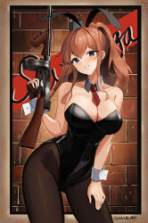 Rule 34 | 1girl, absurdres, alternate costume, animal ears, bare shoulders, black leotard, black pantyhose, blue eyes, bow, bowtie, breasts, brick wall, brown hair, cleavage, covered navel, dawn 1945, detached collar, drum magazine, fake animal ears, gun, hair between eyes, high side ponytail, highres, holding, holding weapon, kantai collection, large breasts, leotard, long hair, looking at viewer, magazine (weapon), pantyhose, picture frame, playboy bunny, ponytail, rabbit ears, saratoga (kancolle), side ponytail, smile, solo, strapless, strapless leotard, submachine gun, thompson submachine gun, traditional bowtie, weapon, wrist cuffs