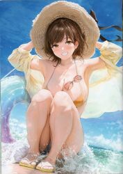 Rule 34 | 1girl, absurdres, akita hika, armpits, bikini, bikini top only, blue sky, blush, breasts, brown eyes, brown hair, cleavage, cloud, cloudy sky, collarbone, day, full body, hat, highres, holding, innertube, large breasts, long sleeves, looking at viewer, ocean, open clothes, open shirt, original, outdoors, parted lips, sandals, scan, see-through, shirt, shorts, sky, smile, solo, squatting, sun hat, sunglasses, swim ring, swimsuit, teeth, thighs, toeless footwear, toes, unworn eyewear, water, water drop
