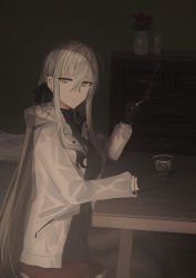Rule 34 | 1girl, between fingers, black bow, black gloves, black shorts, black sweater, bow, breasts, brown pantyhose, chest of drawers, chihuri, cigarette, crossed legs, cup, drinking glass, ear piercing, earrings, flower, gloves, grey eyes, grey hair, hair between eyes, hair bow, highres, holding, holding cigarette, holding cup, indoors, jacket, jewelry, pantyhose under shorts, long hair, long sleeves, looking at viewer, medium breasts, open clothes, open jacket, original, pantyhose, piercing, red flower, red rose, ribbed sweater, rose, short shorts, shorts, sitting, smoke, solo, stud earrings, sweater, table, turtleneck, turtleneck sweater, vase, very long hair, white jacket, wooden floor, zoya petrovna vecheslova