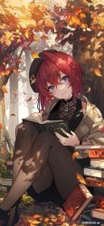 Rule 34 | 1girl, absurdres, ange katrina, autumn leaves, black hat, black shorts, blue eyes, book, book stack, brown pantyhose, closed mouth, crossed bangs, hat, highres, holding, holding book, jacket, knees up, long sleeves, looking at viewer, nijisanji, noir eku, non-web source, official art, official wallpaper, open clothes, open jacket, outdoors, pantyhose, red hair, short hair, shorts, single hair intake, solo, tree, virtual youtuber