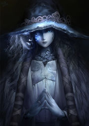 Rule 34 | 1girl, absurdres, blue eyes, blue skin, cape, cloak, closed mouth, colored skin, cracked skin, dress, elden ring, fur cloak, grey lips, hat, highres, jewelry, long hair, looking at viewer, one eye closed, own hands together, peperon (peperou), ranni the witch, ring, smile, solo, spoilers, wedding band, witch hat