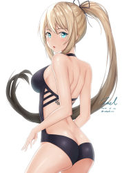 Rule 34 | 1girl, ass, backless outfit, bad id, bad pixiv id, bare arms, bare back, bare shoulders, black ribbon, black one-piece swimsuit, blonde hair, blue eyes, blush, breasts, butt crack, closers, cowboy shot, from behind, hair ribbon, harpy (closers), highres, large breasts, long hair, looking at viewer, looking back, one-piece swimsuit, parted lips, ribbon, solo, swimsuit, unel1211, very long hair