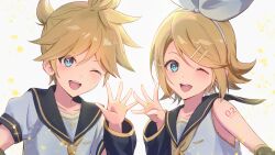 Rule 34 | 1boy, 1girl, aiu eika, blonde hair, blue eyes, blush, bow hairband, commentary, detached sleeves, hair ornament, hairband, hairclip, highres, kagamine len, kagamine rin, long sleeves, looking at viewer, milestone celebration, necktie, one eye closed, open mouth, ponytail, sailor collar, shirt, short hair, short sleeves, sleeveless, sleeveless shirt, smile, textless version, twitter username, upper body, vocaloid