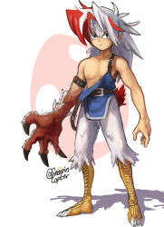 Rule 34 | 1boy, absurdres, belt, bird tail, black eyes, claws, commentary, english commentary, feathers, harpy boy, highres, long hair, male focus, monster boy, multicolored hair, original, red hair, serious, snoozincopter, solo, strap slip, streaked hair, tail, talons, twitter username, two-tone hair, white hair
