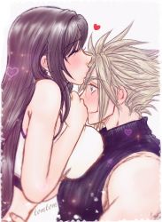 Rule 34 | 1boy, 1girl, absurdres, bare shoulders, black hair, blonde hair, blue eyes, blush, breasts, cloud strife, couple, crop top, earrings, final fantasy, final fantasy vii, final fantasy vii remake, heart, highres, jewelry, kiss on forehead, large breasts, long hair, sleeveless, sleeveless turtleneck, spiked hair, square enix, sweater, tank top, tifa lockhart, tomtom, turtleneck, turtleneck sweater, upper body, white tank top
