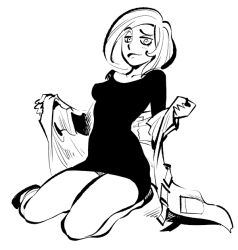 Rule 34 | 1girl, ann possible, bare legs, blush, breasts, closed mouth, collarbone, disney, female focus, full body, greyscale, jacket, kim possible (series), long sleeves, looking at viewer, mature female, medium breasts, monochrome, no pants, no socks, open clothes, open jacket, ramb chop, shoes, short hair, simple background, sitting, smile, solo, sweater, swept bangs, undressing, w arms, wariza, white background