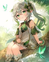 Rule 34 | 1girl, arm support, bloomers, bracelet, branch, bug, butterfly, closed mouth, cross-shaped pupils, crystalfly (genshin impact), detached sleeves, dress, feet out of frame, genshin impact, gold trim, gradient hair, green hair, green sleeves, grey hair, hair ornament, highres, insect, jewelry, leaf hair ornament, long hair, multicolored hair, nahida (genshin impact), outdoors, pointy ears, side ponytail, sidelocks, sitting, sleeveless, sleeveless dress, smile, solo, symbol-shaped pupils, thighs, tikoo 616, tree, underwear, white bloomers, white dress, white footwear