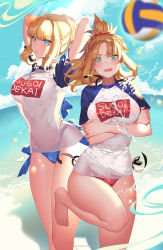 Rule 34 | 2girls, aqua eyes, arm under breasts, armpits, arms behind head, arms up, artoria pendragon (all), artoria pendragon (fate), artoria pendragon (swimsuit archer) (fate), ball, bare shoulders, barefoot, beach, beach volleyball, bikini, blonde hair, blue bow, blue sky, blush, bow, braid, braided bun, breasts, clothes writing, cloud, crossed arms, day, fate/grand order, fate (series), front-tie top, green eyes, hair bun, halterneck, high ponytail, large breasts, meme attire, mordred (fate), mordred (fate) (all), mordred (fate/apocrypha), mordred (swimsuit rider) (fate), mordred (swimsuit rider) (first ascension) (fate), multiple girls, navel, ocean, open mouth, orange sekaii, outdoors, photoshop (medium), playing sports, raglan sleeves, red bikini, romaji text, saber (fate), shirt, short sleeves, side-tie bottom, sidelocks, sky, standing, stomach, sugoi dekai, swimsuit, t-shirt, thighs, toes, underboob, volleyball, volleyball (object), water, waves, wet, wet clothes, wet shirt, white bikini