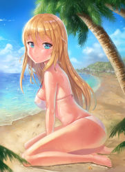 Rule 34 | 1girl, absurdres, arm support, bad id, bad pixiv id, barefoot, beach, blonde hair, blue eyes, blue sky, breasts, cloud, covered erect nipples, day, highres, looking at viewer, medium breasts, ocean, original, outdoors, palm tree, see-through, sitting, skindentation, sky, smile, solo, strap gap, swimsuit, tree, wariza, water, wet, yahiro (heartseek000)