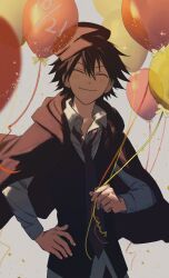 Rule 34 | 1boy, ballon, brown hair, brown jacket, brown pants, bungou stray dogs, closed eyes, detective, edogawa ranpo (bungou stray dogs), green eyes, hand up, hat, highres, jacket, long hair, male focus, pants, shirt, simple background, smile, solo, white background, white shirt