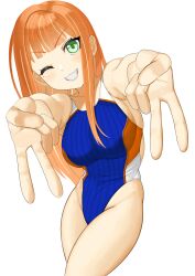 1girl absurdres blue_one-piece_swimsuit blunt_bangs breasts commentary_request commission competition_swimsuit double_v foreshortening gakuen_idolmaster green_eyes groin gyaru_v highleg highleg_one-piece_swimsuit highres idolmaster large_breasts long_hair mitsumi_neguchi one-piece_swimsuit one_eye_closed orange_hair shiun_sumika simple_background solo striped_clothes striped_one-piece_swimsuit swimsuit v white_background