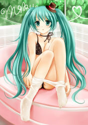 Rule 34 | 1girl, bad id, bad pixiv id, bra, breasts, choker, clothes pull, green eyes, green hair, hat, hatsune miku, legs, lingerie, long hair, matching hair/eyes, mini hat, mini top hat, nikoo, panties, pantyhose, pantyhose pull, sitting, solo, top hat, twintails, underwear, underwear only, undressing, vocaloid