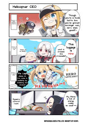 Rule 34 | &gt; &lt;, 4koma, 6+girls, absurdres, armor, armored bodysuit, at computer, black hair, blonde hair, blue eyes, blush stickers, chibi, chips (food), comic, commentary, drake (nikke), earrings, english commentary, food, goddess of victory: nikke, hat, helmet, highres, jacket, jewelry, laplace (nikke), leotard, long hair, maxwell (nikke), monitor, multiple girls, navel, official art, one eye closed, open clothes, open jacket, outstretched arms, potato chips, product 08 (nikke), sidelocks, sitting, soldier fa (nikke), speech bubble, syuen (nikke), totatokeke, twintails, visor (armor), visor cap, white hair, x x