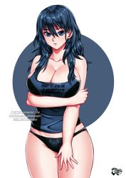 Rule 34 | 1girl, black panties, blue eyes, blue hair, blush, breasts, byleth (female) (fire emblem), byleth (fire emblem), cleavage, clothes writing, duplicate, embarrassed, fire emblem, fire emblem: three houses, hand on own elbow, jadenkaiba, large breasts, long hair, looking at viewer, nintendo, no pants, panties, shiny skin, simple background, super smash bros., tank top, thick thighs, thighs, underwear, watermark, web address