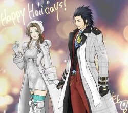 Rule 34 | 1boy, 1girl, aerith gainsborough, aerith gainsborough (fairy of snowfall), black gloves, blue nails, blurry, blurry background, coat, corsage, dress, final fantasy, final fantasy vii, final fantasy vii ever crisis, fingerless gloves, flower, formal, fur trim, gloves, happy holidays, hat, highres, holding hands, long coat, looking at another, mochimochi1082, official alternate costume, smile, suit, thighhighs, winter clothes, winter coat, zack fair, zack fair (holiday suit)