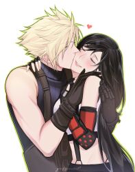 1boy 1girl artist_name bare_shoulders black_gloves black_hair black_skirt blonde_hair blue_sweater blush breasts brown_gloves closed_eyes cloud_strife commentary couple crop_top elbow_gloves english_commentary final_fantasy final_fantasy_vii final_fantasy_vii_rebirth final_fantasy_vii_remake fingerless_gloves gloves hand_on_another&#039;s_back hand_on_another&#039;s_face hand_on_another&#039;s_neck heart highres kiss kissing_cheek long_hair medium_breasts midriff parted_lips pink_lips ribbed_sweater short_hair simple_background single_arm_guard skirt sleeveless sleeveless_turtleneck smile spiked_hair suspender_skirt suspenders sweater tank_top the_kiss tifa_lockhart turtleneck turtleneck_sweater upper_body white_background white_tank_top yuffieski