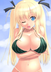 Rule 34 | 1girl, bikini, blonde hair, blue eyes, blush, bottomless, breasts, cleavage, huge breasts, navel, one eye closed, open mouth, original, smile, solo, striped bikini, striped clothes, swimsuit, unworn bikini bottom, vertical-striped bikini, vertical-striped clothes, wink, yamaura tamaki