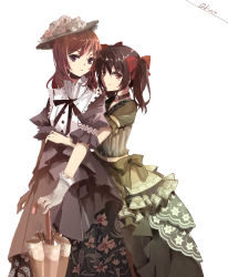 Rule 34 | 10s, 2girls, black hair, closed umbrella, dress, female focus, floral print, flower, frilled dress, frills, ghost (ghost528), gloves, green dress, hair ribbon, hat, hat flower, highres, hug, hug from behind, looking at viewer, love live!, love live! school idol festival, love live! school idol project, multiple girls, nishikino maki, parted lips, planted, planted umbrella, print dress, puffy short sleeves, puffy sleeves, purple dress, purple eyes, red eyes, red hair, ribbon, short hair, short sleeves, smile, twintails, umbrella, umbrella stand, victorian, white background, white gloves, yazawa nico