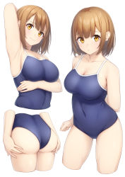Rule 34 | 1girl, absurdres, arm behind back, arm under breasts, arm up, armpits, ass, ass grab, bare arms, bare legs, bare shoulders, blue one-piece swimsuit, blush, breasts, brown hair, cleavage, closed mouth, collarbone, competition school swimsuit, cropped legs, grabbing own ass, highres, large breasts, looking at viewer, mole, mole on breast, multiple views, ochiai miyabi, one-piece swimsuit, original, school swimsuit, short hair, simple background, swimsuit, white background