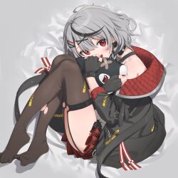 Rule 34 | 1girl, black collar, black hair, camisole, caution tape, collar, commentary, fingerless gloves, garter straps, gloves, grey hair, hair ornament, highres, hololive, kaniman, medium hair, multicolored hair, off-shoulder jacket, off shoulder, plaid, plaid skirt, red eyes, red nails, sakamata chloe, skirt, solo, streaked hair, thighhighs, virtual youtuber, white camisole, x hair ornament