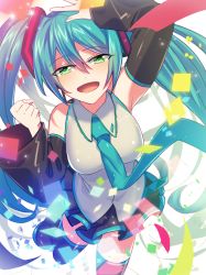 Rule 34 | 1girl, :d, absurdly long hair, arm up, black footwear, black skirt, black sleeves, blue hair, blue necktie, boots, detached sleeves, dress, floating hair, green eyes, grey dress, hair between eyes, hatsune miku, leg up, long hair, long sleeves, looking at viewer, microphone, miniskirt, necktie, open mouth, pleated skirt, skirt, sleeveless, sleeveless dress, smile, solo, standing, standing on one leg, thigh boots, thighhighs, tsukasa (ilqmplim), twintails, very long hair, vocaloid, zettai ryouiki