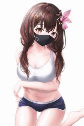 Rule 34 | 1girl, absurdres, arm under breasts, breasts, brown eyes, brown hair, hair between eyes, highres, hololive, large breasts, long hair, looking at viewer, mask, mouth mask, navel, shira jun, short shorts, shorts, simple background, solo, tokino sora, twintails, virtual youtuber, white background