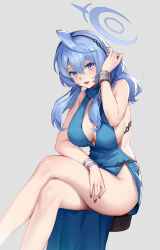 Rule 34 | 1girl, ako (blue archive), ako (dress) (blue archive), ass, black hairband, blue archive, blue dress, blue eyes, blue hair, blue halo, blush, breasts, cleavage, cuffs, dress, feet out of frame, grey background, hair between eyes, hairband, halo, handcuffs, highres, large breasts, long hair, looking at viewer, official alternate costume, open mouth, qumai79, simple background, sleeveless, sleeveless dress, solo