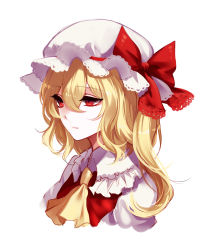 Rule 34 | 1girl, absurdres, ascot, bad id, bad pixiv id, blonde hair, bow, closed mouth, expressionless, fang, flandre scarlet, frilled shirt collar, frills, from side, hair between eyes, hat, hat bow, highres, looking away, mob cap, pale skin, portrait, red bow, red eyes, sheya, side ponytail, simple background, solo, touhou, white background