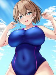 Rule 34 | 1girl, beach, blue eyes, blue one-piece swimsuit, blue sky, blush, breasts, brown hair, cloud, cloudy sky, competition swimsuit, covered navel, cowboy shot, dated, day, hair between eyes, highleg, highleg swimsuit, highres, intrepid (kancolle), kantai collection, large breasts, looking at viewer, montemasa, one-piece swimsuit, open mouth, outdoors, ponytail, short hair, sky, smile, solo, swimsuit, twitter username, two-tone swimsuit, wallpaper