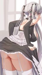 Rule 34 | 1girl, ass, azur lane, bare shoulders, black dress, breasts, cafenami, clothes lift, come hither, cowboy shot, dress, dress lift, earrings, formidable (azur lane), frilled dress, frills, garter straps, grey hair, hair ribbon, highres, jewelry, large breasts, leaning forward, long hair, looking at viewer, red eyes, ribbon, simple background, solo, tan, thighhighs, twintails, very long hair, white garter straps, white thighhighs