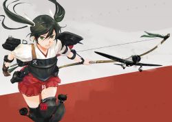 Rule 34 | 10s, 1girl, aircraft, airplane, black hair, blockhead bh, blush, boots, bow (weapon), cover, gradient background, green eyes, hair ribbon, japanese clothes, kantai collection, long hair, miko, muneate, open mouth, ribbon, solo, thigh boots, thighhighs, twintails, weapon, zuikaku (kancolle)