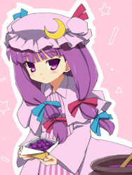 Rule 34 | 1girl, bad id, bad pixiv id, blush, bow, cookie, crescent, female focus, food, hair ribbon, hat, long hair, patchouli knowledge, pink bow, purple eyes, purple hair, ribbon, solo, tonbi, touhou, white day