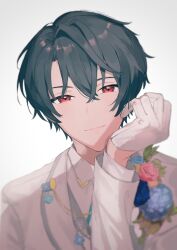 Rule 34 | 1boy, black hair, blue flower, blue rose, closed mouth, collared shirt, flower, formal, gloves, grey vest, head rest, highres, jacket, long sleeves, looking at viewer, mahoutsukai no yakusoku, male focus, pink flower, pink rose, piza-chan, red eyes, rose, shino sherwood, shirt, smile, solo, vest, white background, white gloves, white jacket, white shirt