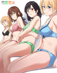 Rule 34 | 4girls, black bra, black girl (rei), black hair, black panties, blonde hair, blue bra, blue eyes, blue girl (rei), blue panties, blue ribbon, blurry, blurry background, blush, borrowed character, bow, bow bra, bow panties, bra, breasts, brown hair, commentary, depth of field, green bra, green eyes, green girl (rei), green panties, hair ribbon, lace, lace-trimmed bra, lace trim, leaning back, light frown, long hair, looking at viewer, low ponytail, medium breasts, multiple girls, navel, original, panties, parted lips, pink bra, pink girl (rei), pink panties, red eyes, ribbon, saruno (eyesonly712), short hair, sitting, underwear, underwear only, white background
