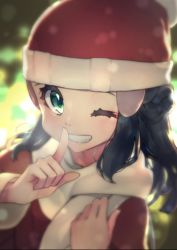 Rule 34 | 1girl, black hair, blurry, christmas, clenched teeth, commentary request, creatures (company), dawn (pokemon), eyelashes, game freak, green eyes, hair ornament, hairclip, hat, highres, index finger raised, long hair, long sleeves, looking at viewer, nintendo, one eye closed, pokemon, pokemon dppt, red hat, rindoriko, santa hat, scarf, sidelocks, smile, solo, teeth, white scarf