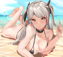 Rule 34 | 1girl, :o, absurdres, ass, azur lane, bare arms, bare shoulders, barefoot, bikini, black bikini, black ribbon, blush, breasts, brown eyes, cleavage, collarbone, commentary request, crossed ankles, feet up, flag print, german flag bikini, hair ribbon, twirling hair, haneramu, highres, horizon, large breasts, lens flare, light rays, long hair, looking at viewer, lying, multicolored hair, ocean, on stomach, open mouth, prinz eugen (azur lane), prinz eugen (unfading smile) (azur lane), red hair, ribbon, shallow water, silver hair, solo, streaked hair, sunbeam, sunlight, swept bangs, swimsuit, thong bikini, two side up, very long hair, water