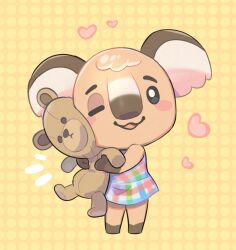 Rule 34 | 1girl, animal crossing, black eyes, blush, blush stickers, bright pupils, commentary request, dress, furry, furry female, heart, highres, holding, holding stuffed toy, hugging object, kopa nishikida, looking at viewer, melba (animal crossing), nintendo, notice lines, one eye closed, open mouth, plaid, plaid dress, simple background, sleeveless, sleeveless dress, smile, solo, stuffed animal, stuffed toy, teddy bear, white pupils, yellow background