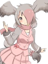 Rule 34 | 1girl, absurdres, breasts, commentary request, grey eyes, grey hair, hair over one eye, head wings, highres, kemono friends, long hair, long sleeves, looking at viewer, low-tied long hair, medium breasts, pink-backed pelican (kemono friends), pink hair, pink scarf, pink skirt, pleated skirt, scarf, shiraha maru, simple background, skirt, smile, solo, very long hair, white background, wings