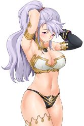 Rule 34 | 1girl, absurdres, alternate costume, armlet, armpits, arms behind back, arms up, bikini, black bikini, black panties, blush, breasts, cleavage, commission, commissioner upload, cosplay, detached sleeves, earrings, fate/grand order, fate (series), fire emblem, headpiece, highres, hoop earrings, igni tion, ishtar (fate), ishtar (fate) (cosplay), ishtar (fire emblem), jewelry, large breasts, long hair, looking at viewer, mismatched bikini, name connection, navel, neck ring, nintendo, panties, purple eyes, simple background, smile, solo, swimsuit, thighs, underwear, white background