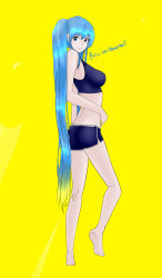 Rule 34 | 1girl, absurdres, aqua hair, ass, back, bad id, bad pixiv id, barefoot, berserkert, blue eyes, breasts, dimples of venus, highres, large breasts, league of legends, long hair, looking at viewer, short shorts, shorts, smile, soles, solo, sona (league of legends), sports bra, twintails, underwear, underwear only, very long hair, watermark, web address, yellow background