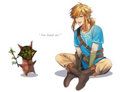 Rule 34 | absurdres, arm guards, between legs, blonde hair, blue eyes, blue tunic, boots, brown footwear, brown pants, creature, earrings, english text, full body, grey shirt, hair between eyes, hand between legs, highres, holding, holding stick, indian style, jewelry, korok, link, long sleeves, looking at another, low ponytail, male focus, mask, medium hair, montaro, nintendo, open mouth, pants, pointy ears, shirt, sidelocks, sitting, smile, stick, teeth, the legend of zelda, the legend of zelda: breath of the wild, upper teeth only, white background