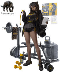 Rule 34 | 1girl, absurdres, backpack, bag, barbell, bare legs, belt, bench, black hair, bottle, breasts, clipboard, clothes writing, commentary, dark-skinned female, dark skin, dumbbell, english commentary, english text, gym equipment, hair between eyes, highres, holding, holding clipboard, holding pen, holding stopwatch, jacket, jaguar, jaguar print, key, legs, list, original, pen, personification, poster (object), reference inset, rinotuna, shoes, short hair, shorts, slit pupils, sneakers, solo, sportswear, steaming body, stopwatch, towel, towel on head, watch, water blue new world, weights, white background, yellow eyes