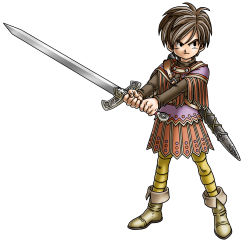 Rule 34 | 1boy, absurdres, black eyes, boots, brown hair, dragon quest, dragon quest ix, full body, hero (dq9), highres, level-5, long sleeves, male focus, official art, pteruges, sheath, short hair, simple background, solo, standing, sword, toriyama akira, weapon