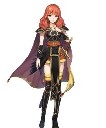 Rule 34 | 1girl, black footwear, boots, breasts, cape, celica (fire emblem), celica (warrior princess) (fire emblem), celica (warrior princess) (resplendent) (fire emblem), fire emblem, fire emblem echoes: shadows of valentia, fire emblem heroes, hand on own chest, highres, looking at viewer, medium breasts, medium hair, nintendo, non-web source, official alternate costume, official art, pelvic curtain, red eyes, red hair, shoulder pads, smile, solo, sword, tachi-e, thigh boots, wavy hair, weapon, yellow cape