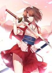 Rule 34 | 1girl, animal ears, breasts, brown eyes, brown hair, closed mouth, collarbone, highres, holding, holding sword, holding weapon, japanese clothes, kara no kyoukai, kimono, kimono skirt, legs, looking at viewer, okakasushi, patterned, patterned clothing, rabbit ears, red skirt, ryougi shiki, ryougi shiki (decapitating bunny), short hair, short sleeves, skirt, small breasts, solo, standing, sword, thighs, weapon