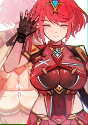 Rule 34 | 1girl, absurdres, arm up, ass, back, black gloves, bob cut, breasts, closed eyes, closed mouth, earrings, fingerless gloves, gloves, highres, jewelry, large breasts, multiple views, pyra (xenoblade), red eyes, red shorts, short hair, short shorts, short sleeves, shorts, simple background, smile, tarbo (exxxpiation), tiara, white background, xenoblade chronicles (series), xenoblade chronicles 2