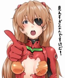 Rule 34 | 00s, 10s, 1girl, :o, bandaid, bandaid on face, blush, bodysuit, breasts, brown hair, evangelion: 2.0 you can (not) advance, evangelion: 3.0 you can (not) redo, eyepatch, female focus, foreshortening, grey eyes, ina (gokihoihoi), long hair, medium breasts, neon genesis evangelion, open mouth, plugsuit, pointing, rebuild of evangelion, simple background, solo, souryuu asuka langley, text focus, torn clothes, translated, upper body