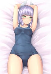 Rule 34 | 1girl, armpits, arms up, bad id, bad twitter id, bed sheet, blue one-piece swimsuit, blunt bangs, blush, breasts, collarbone, covered navel, frown, green eyes, headgear, jpeg artifacts, looking at viewer, lying, medium breasts, mochi.f, on back, one-piece swimsuit, original, purple hair, school swimsuit, short hair, solo, swimsuit, thighs