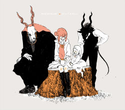 Rule 34 | 1boy, 1other, 2girls, child, cup, elias ainsworth, grass, grey background, hatori chise, height difference, holding, holding cup, horns, jewelry, long sleeves, mahou tsukai no yome, multiple girls, nagabe, necklace, red hair, sensei (totsukuni no shoujo), shirt, shiva (totsukuni no shoujo), sitting, totsukuni no shoujo, tree stump, white hair, white shirt